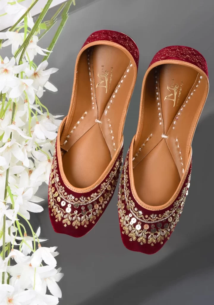 Maroon Velvet Zardosi Hand Embroidered Pure Leather Jutti